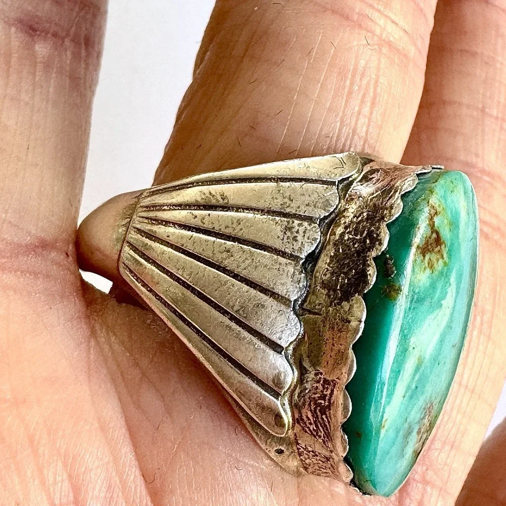 Big Navajo Mens Turquoise‎ Ring Sz 11 Signed Alvery Smith Fans 23g Band Oval